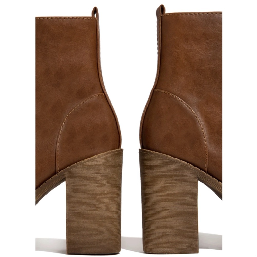 Tan Lace Up High Chunky Heel Combat Boots - Picture 6 of 11